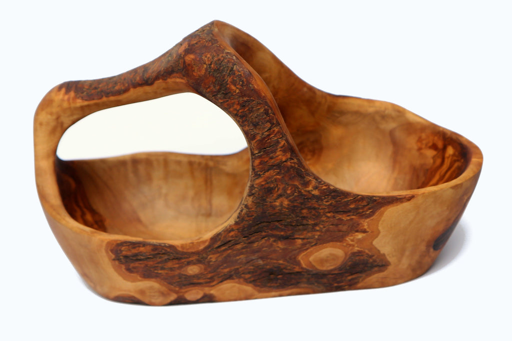 Artisan Olive Wood Fruit Basket with Integrated Handle – Hand-Carved Rustic Serving Caddy – Natural Wood Centerpiece (Sizes 15cm to 35cm+)