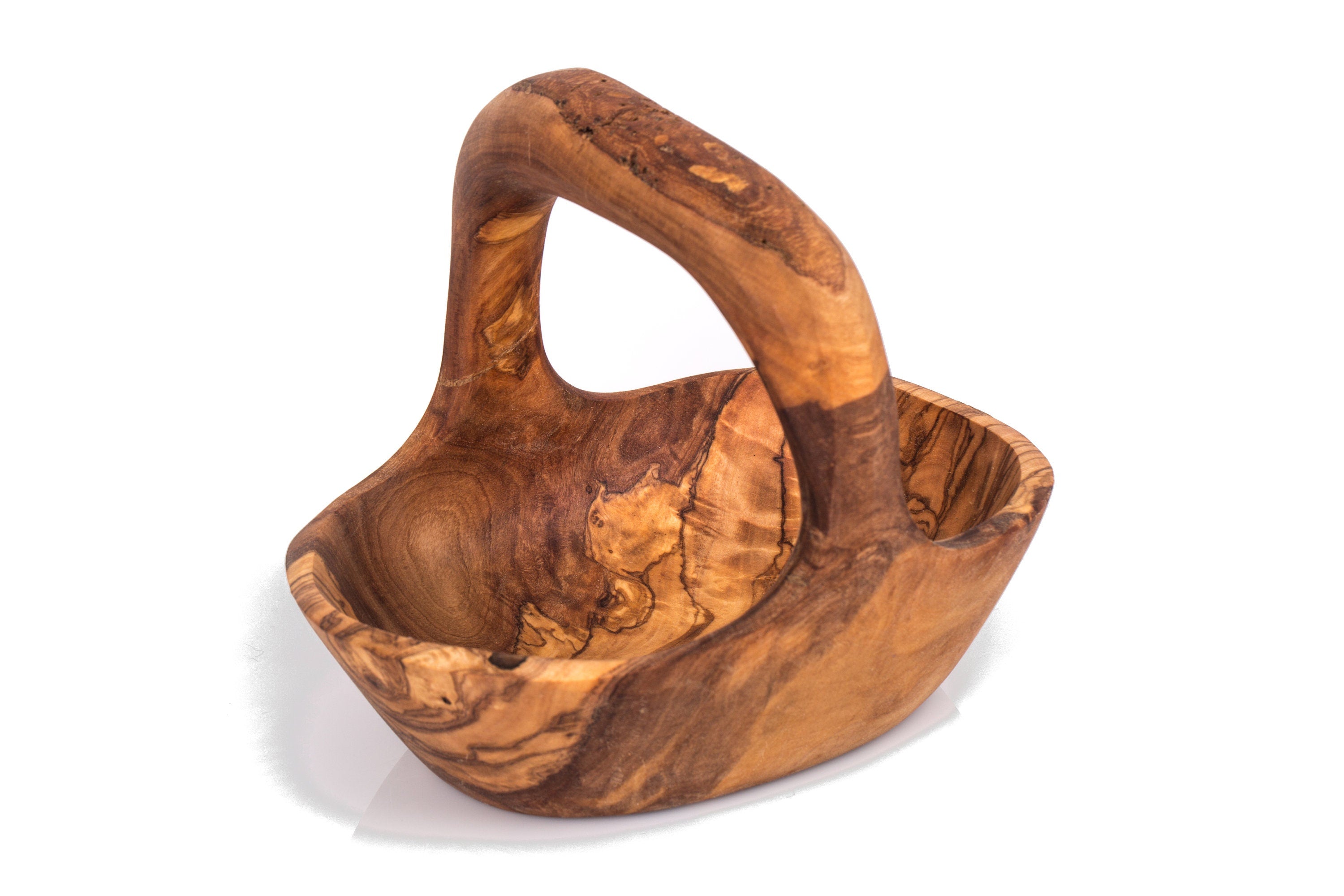 Artisan Olive Wood Fruit Basket with Integrated Handle – Hand-Carved Rustic Serving Caddy – Natural Wood Centerpiece (Sizes 15cm to 35cm+)