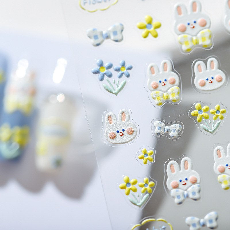LuLuFun Studio Bunny & Flowering Shrubs Embossed Nail Deco Stickers