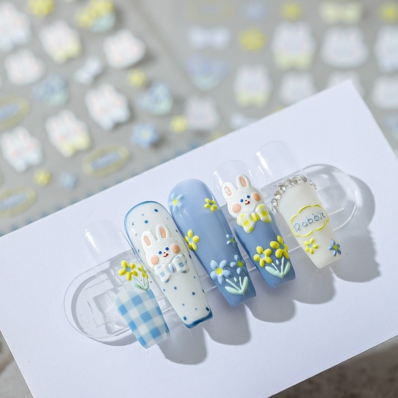 LuLuFun Studio Bunny & Flowering Shrubs Embossed Nail Deco Stickers