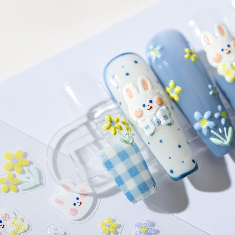 LuLuFun Studio Bunny & Flowering Shrubs Embossed Nail Deco Stickers