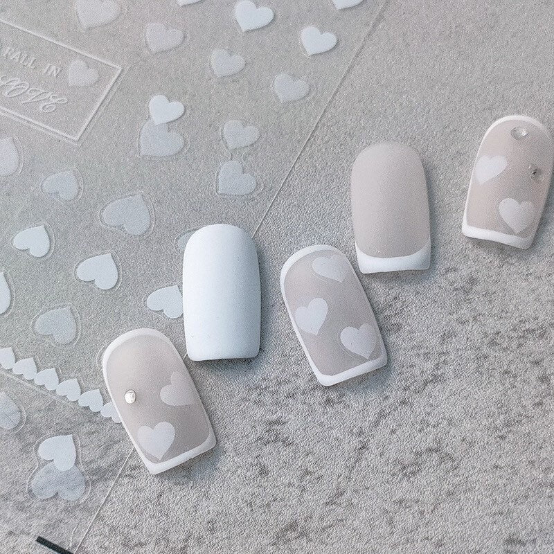 White Heart Embossed Nail Art Stickers by LuLuFun Studio – 1 Sheet
