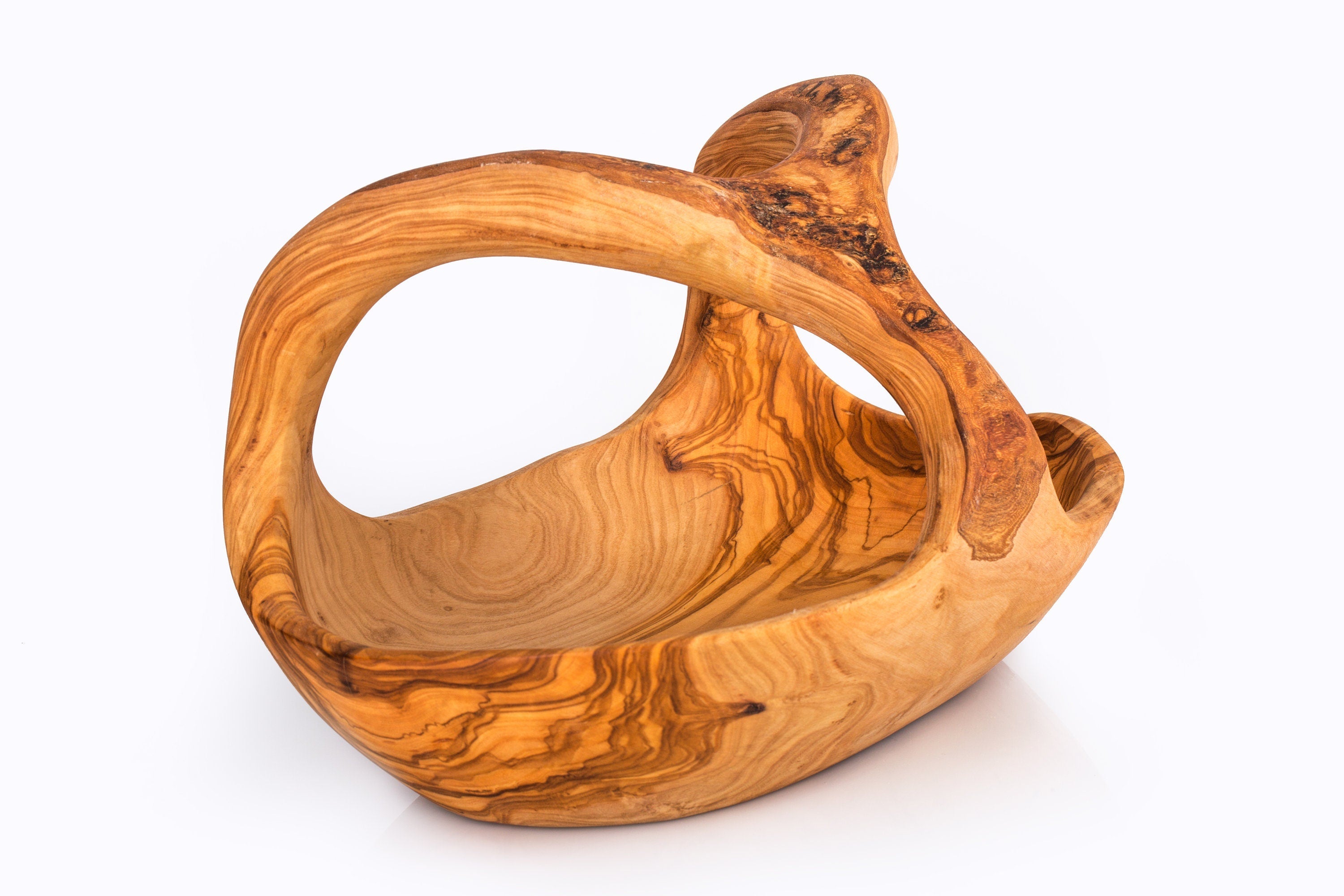 Artisan Olive Wood Fruit Basket with Integrated Handle – Hand-Carved Rustic Serving Caddy – Natural Wood Centerpiece (Sizes 15cm to 35cm+)