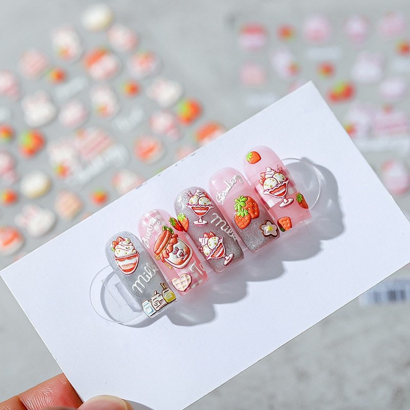 Strawberry Bunny Embossed Nail Deco Stickers | LuLuFun Studio Cake Design