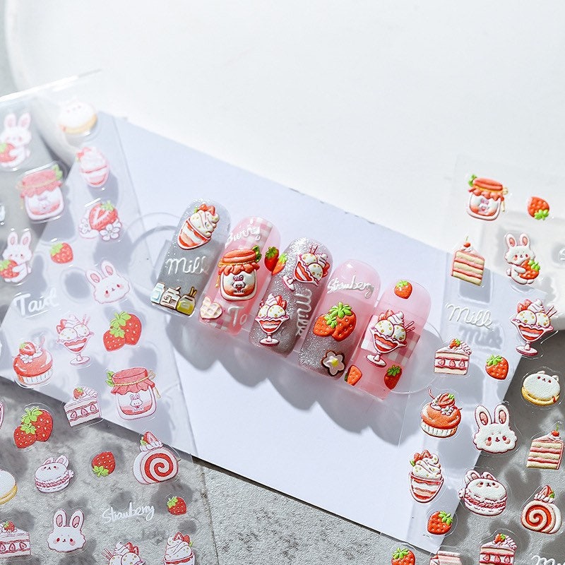 Strawberry Bunny Embossed Nail Deco Stickers | LuLuFun Studio Cake Design