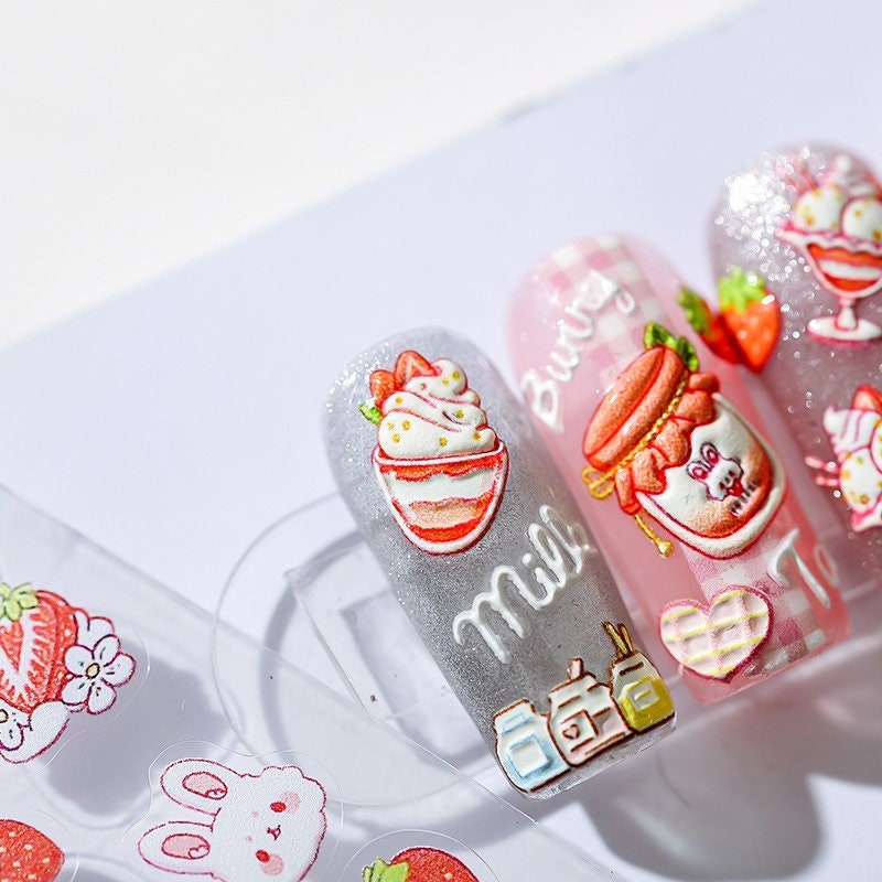 Strawberry Bunny Embossed Nail Deco Stickers | LuLuFun Studio Cake Design