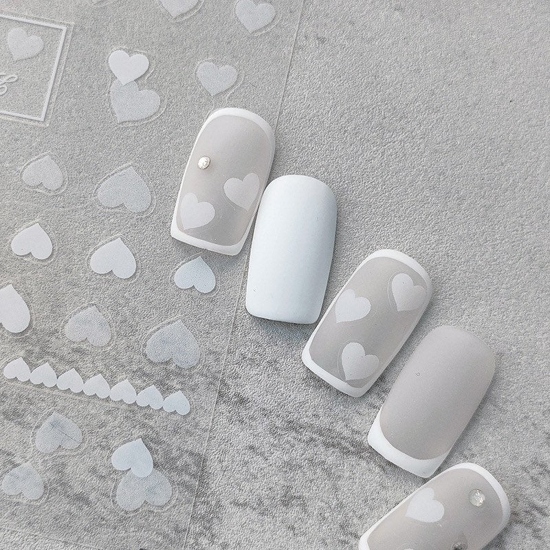 White Heart Embossed Nail Art Stickers by LuLuFun Studio – 1 Sheet