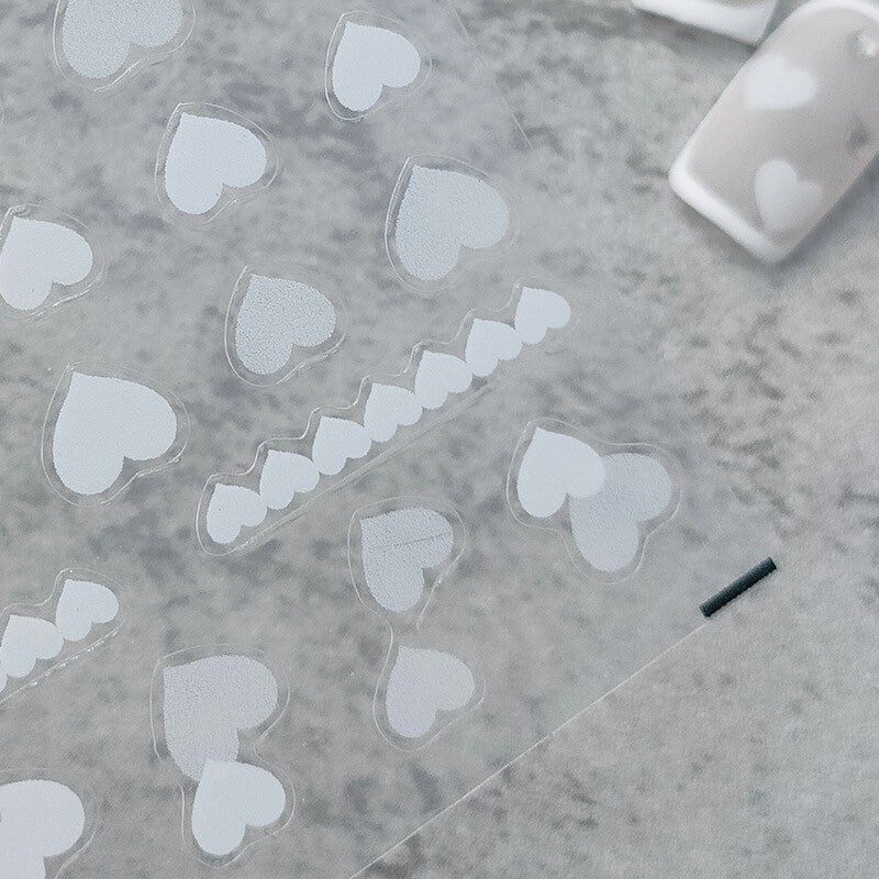 White Heart Embossed Nail Art Stickers by LuLuFun Studio – 1 Sheet