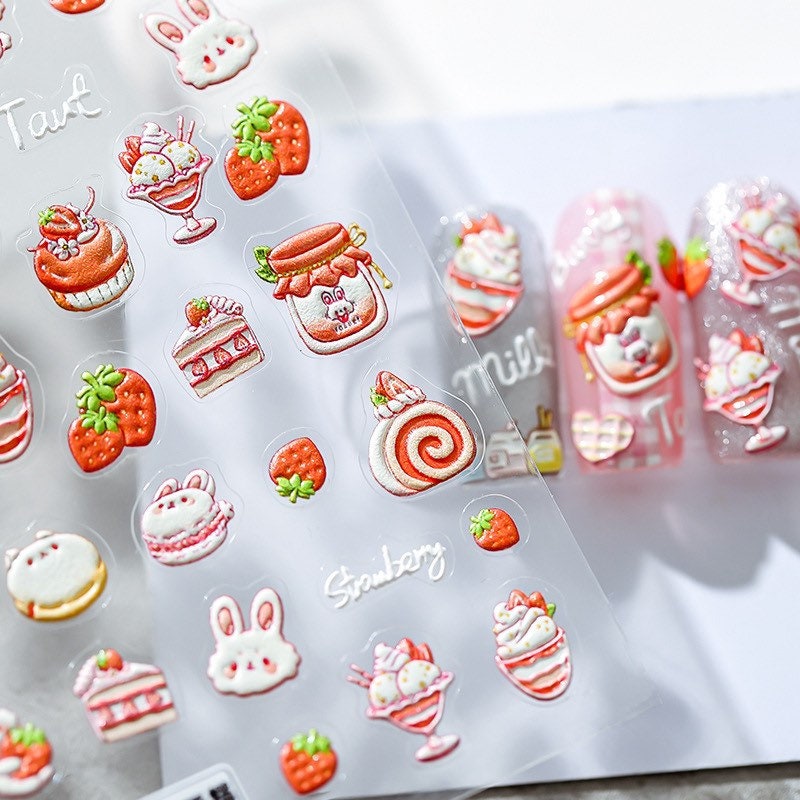 Strawberry Bunny Embossed Nail Deco Stickers | LuLuFun Studio Cake Design