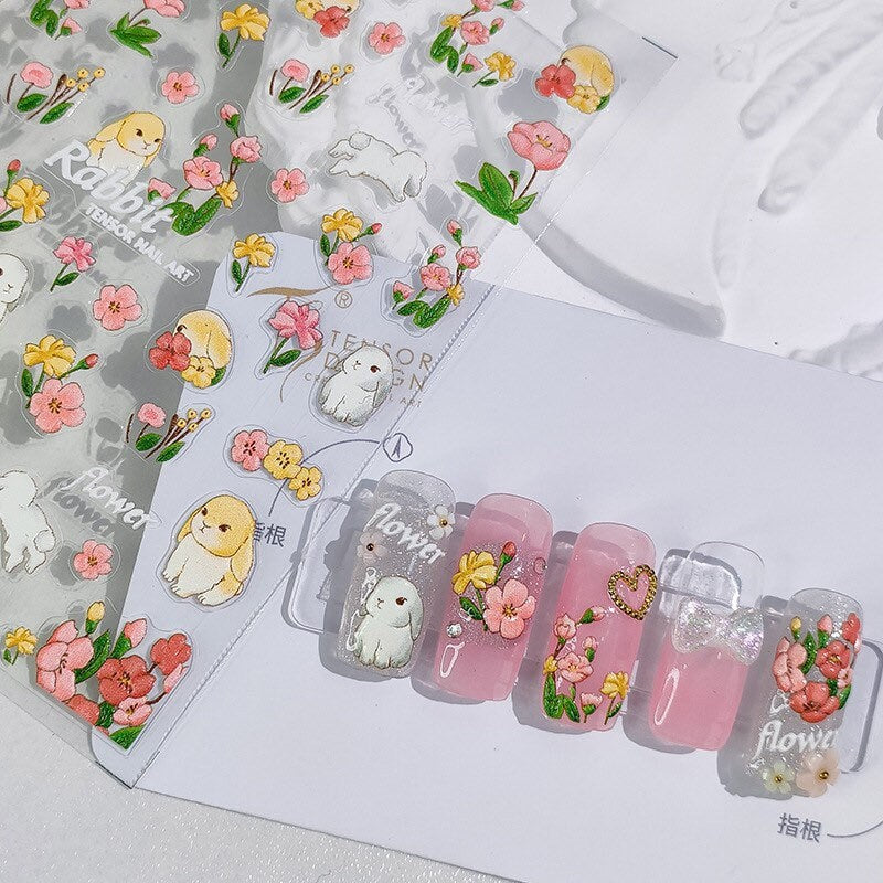 Pink Rose Bunny Embossed Nail Deco Stickers | LuLuFun Studio Floral Art