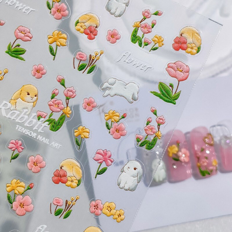 Pink Rose Bunny Embossed Nail Deco Stickers | LuLuFun Studio Floral Art