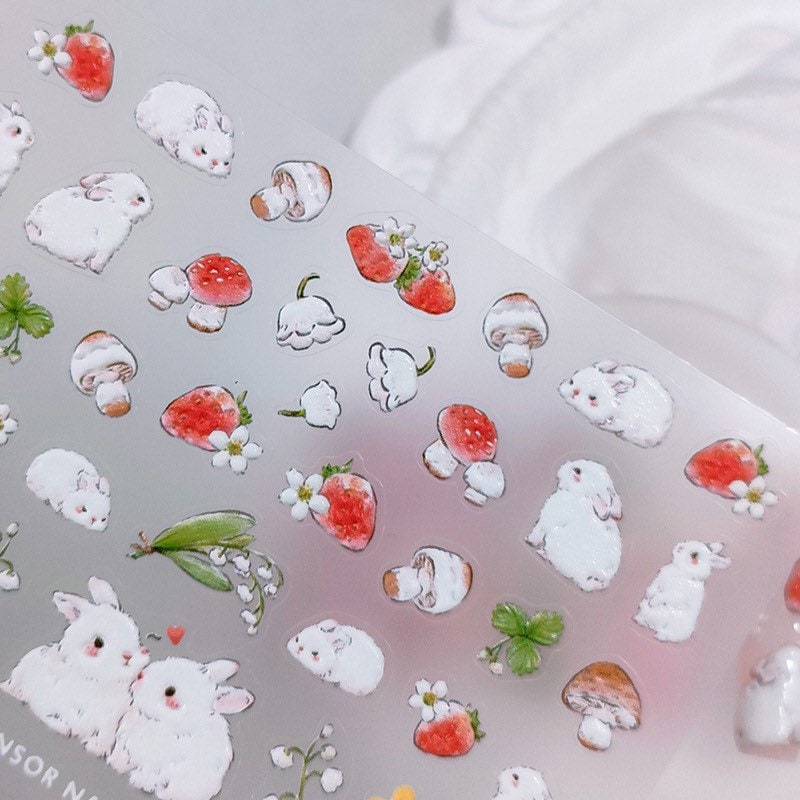 LuLuFun Studio Pink Strawberry Bunny Nail Art Stickers - Cute Decals