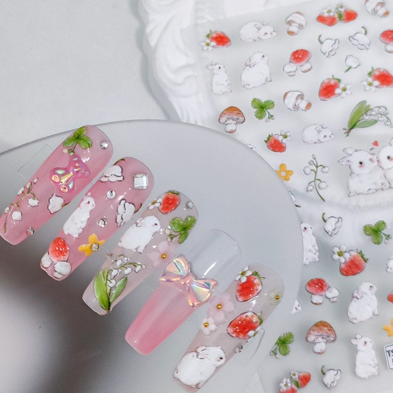 LuLuFun Studio Pink Strawberry Bunny Nail Art Stickers - Cute Decals