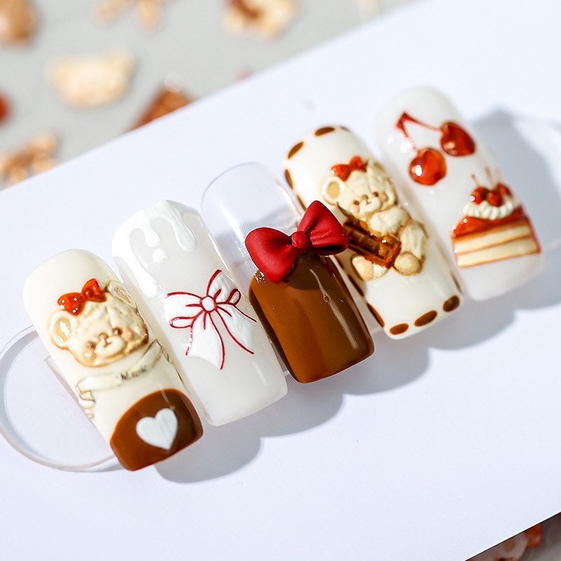 Teddy Bear 3D Embossed Nail Deco Stickers | LuLuFun Studio Korean Art
