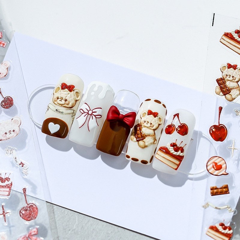 Teddy Bear 3D Embossed Nail Deco Stickers | LuLuFun Studio Korean Art