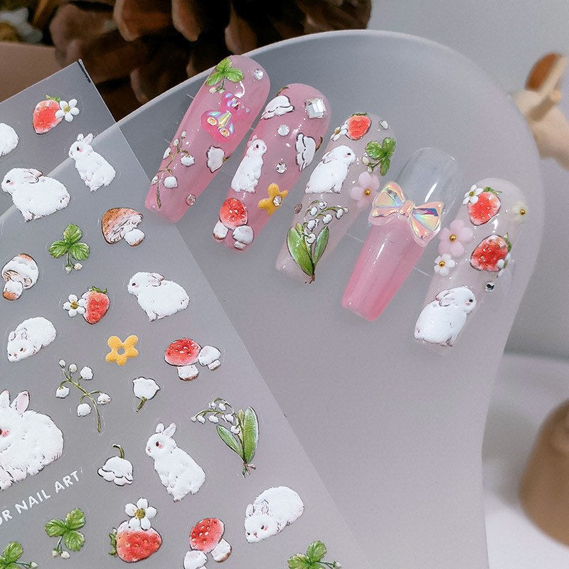 LuLuFun Studio Pink Strawberry Bunny Nail Art Stickers - Cute Decals
