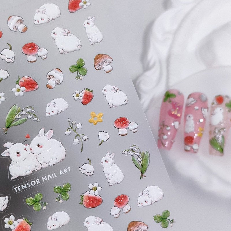 LuLuFun Studio Pink Strawberry Bunny Nail Art Stickers - Cute Decals