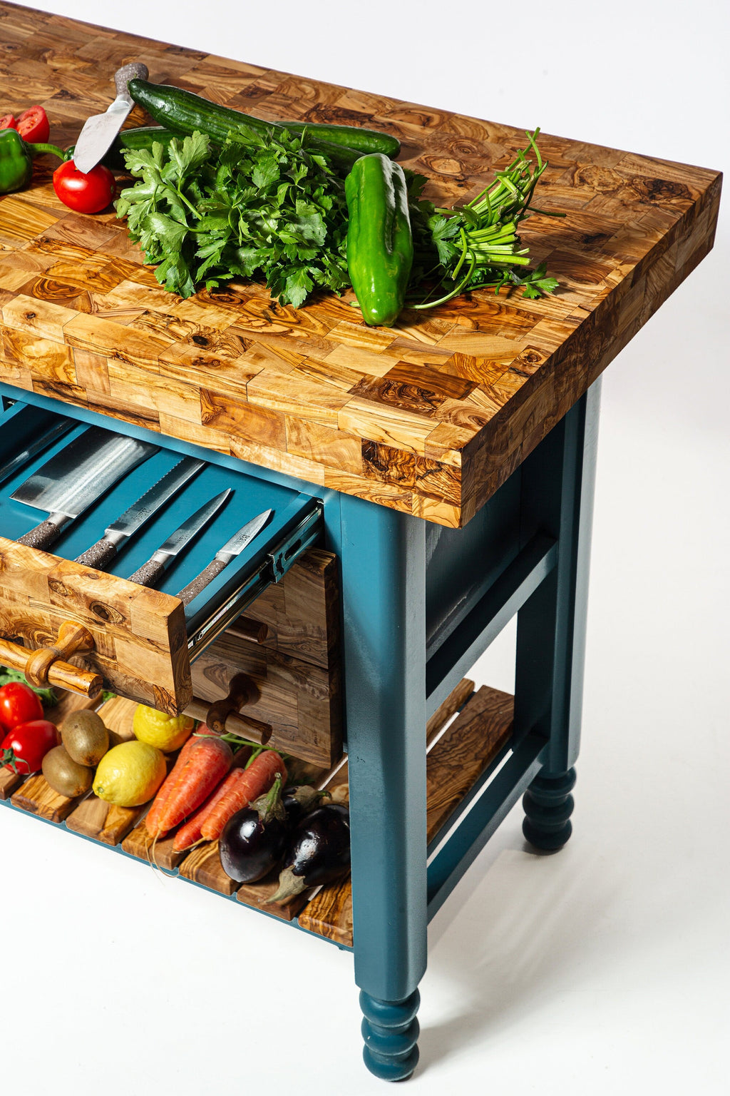 Olive Wood Table Butcher Block, Kitchen Butcher Block, small Kitchen island, Kitchen Cart with 3 drawers
