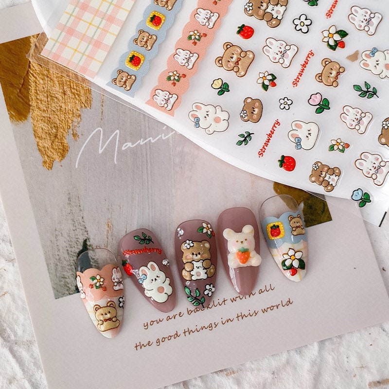 Nail Art Stickers – LuLuFun Studio Bear Rabbit Strawberry Embossed Decals