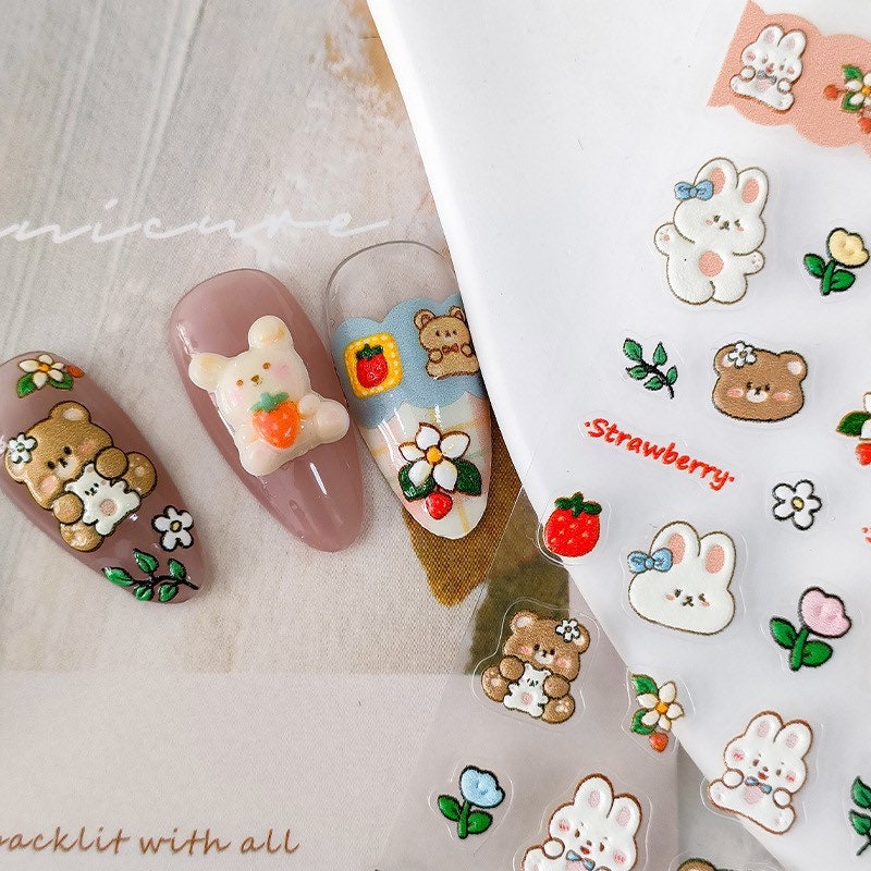 Nail Art Stickers – LuLuFun Studio Bear Rabbit Strawberry Embossed Decals