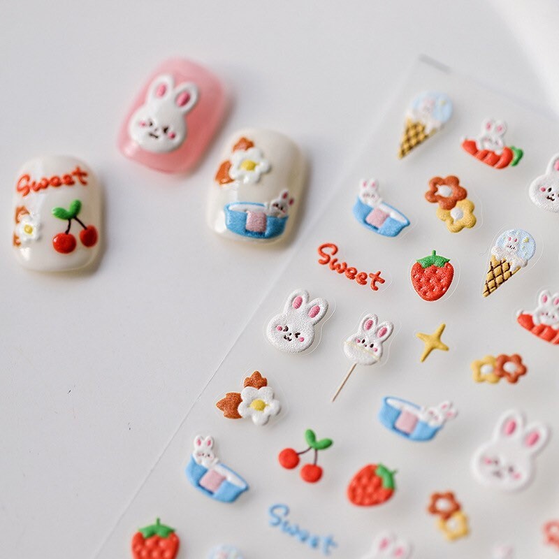 Kawaii Nail Art Stickers – Pink Strawberry Cherry Bunny – LuLuFun Studio