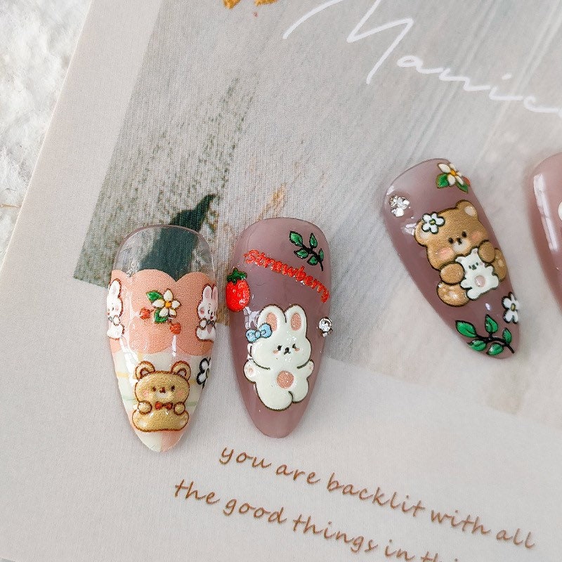 Nail Art Stickers – LuLuFun Studio Bear Rabbit Strawberry Embossed Decals