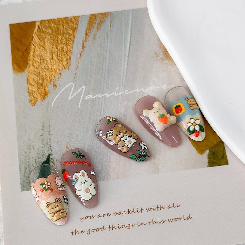 Nail Art Stickers – LuLuFun Studio Bear Rabbit Strawberry Embossed Decals