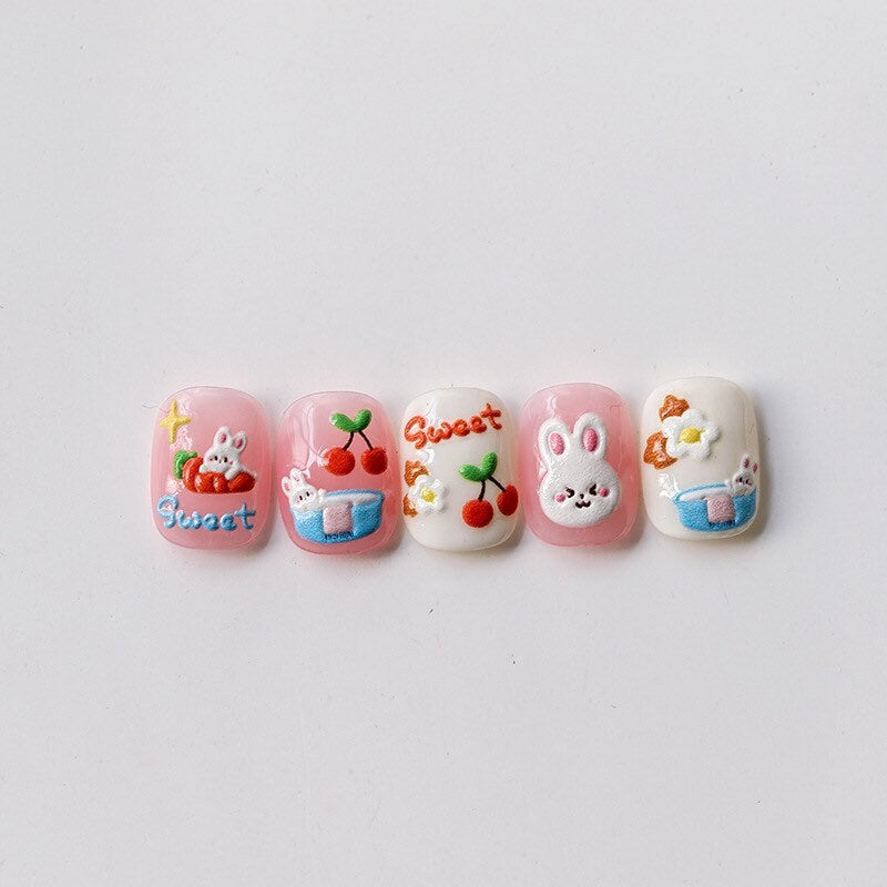 Kawaii Nail Art Stickers – Pink Strawberry Cherry Bunny – LuLuFun Studio