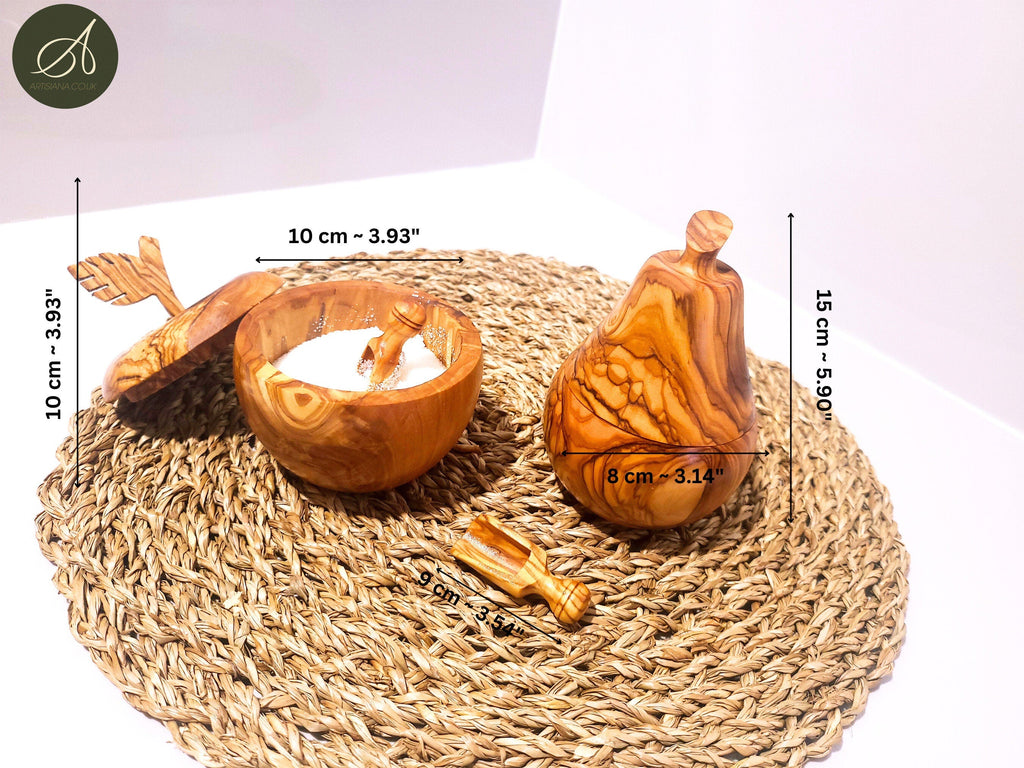 Set of olive wood Apple and pear shaped sugar bowls with spice scoops, spice bowls,   handmade, natural, gift