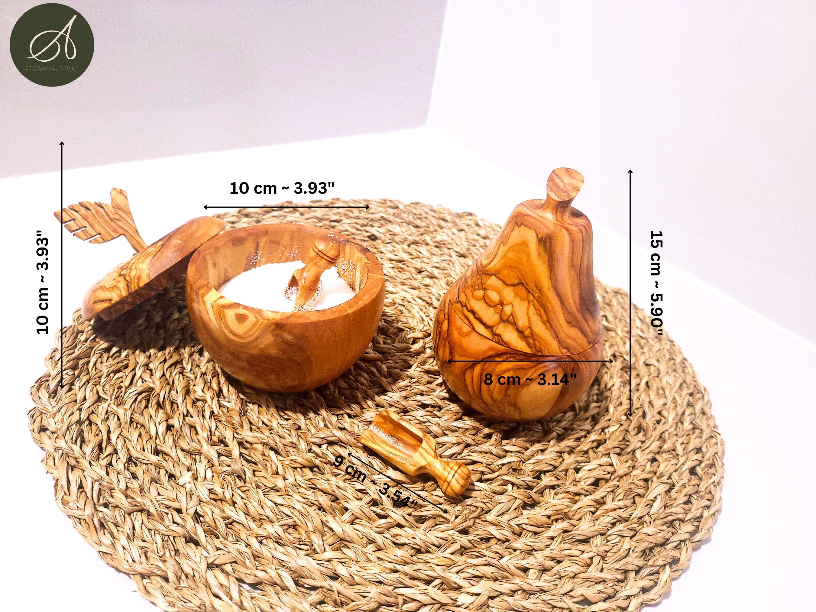 Set of olive wood Apple and pear shaped sugar bowls with spice scoops, spice bowls,   handmade, natural, gift