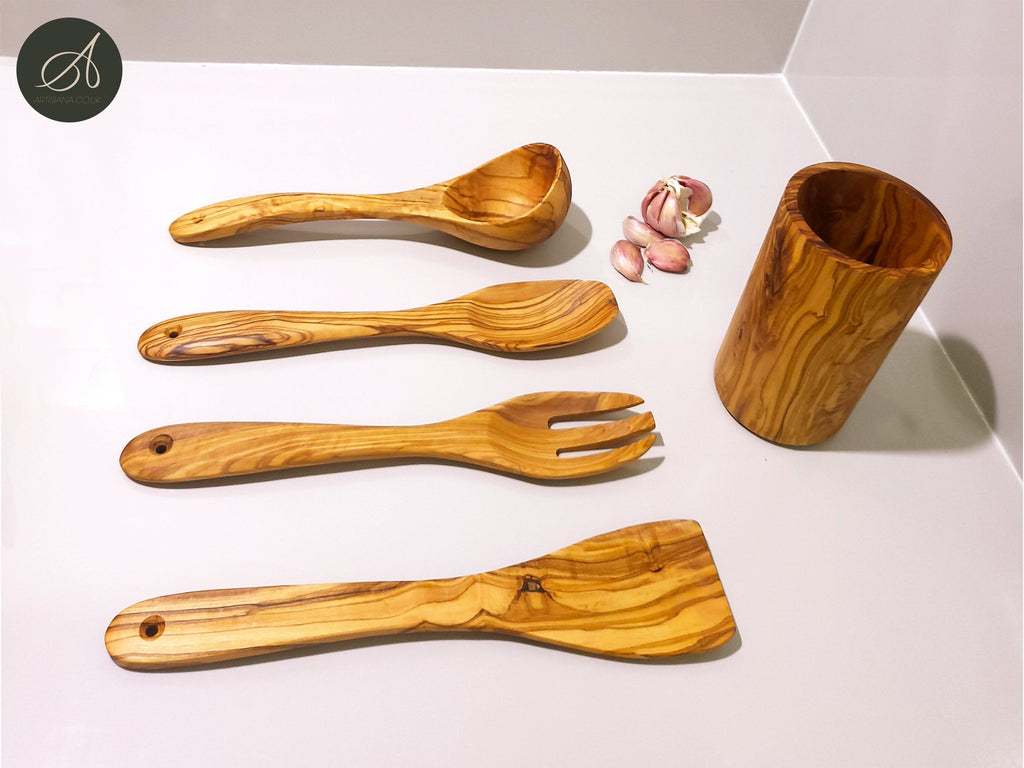 Wooden kitchen set, Olive wood set, Round Utensil Holder, Kitchen Utensils, salad server, Ladle, spatula, restaurant, chef, gift, handmade