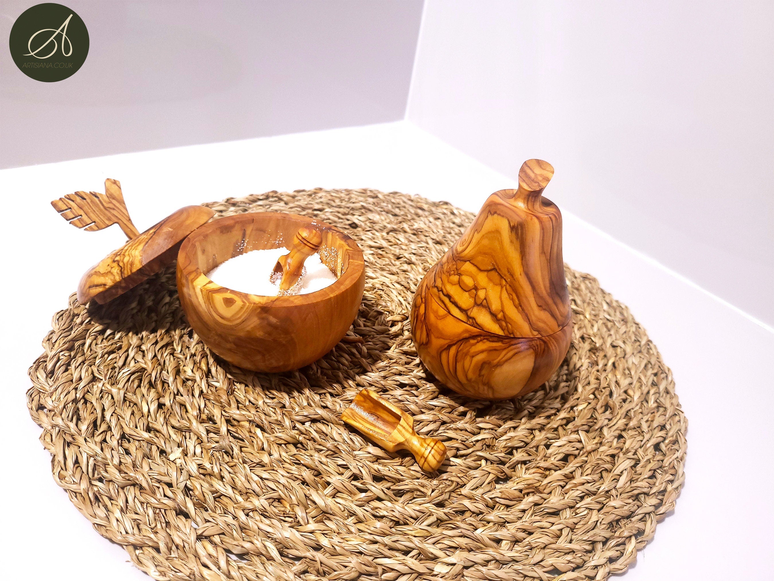 Set of olive wood Apple and pear shaped sugar bowls with spice scoops, spice bowls,   handmade, natural, gift