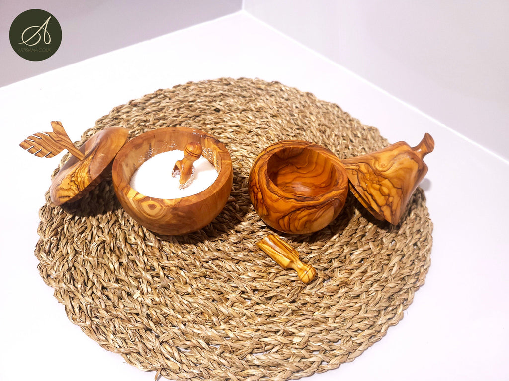 Set of olive wood Apple and pear shaped sugar bowls with spice scoops, spice bowls,   handmade, natural, gift