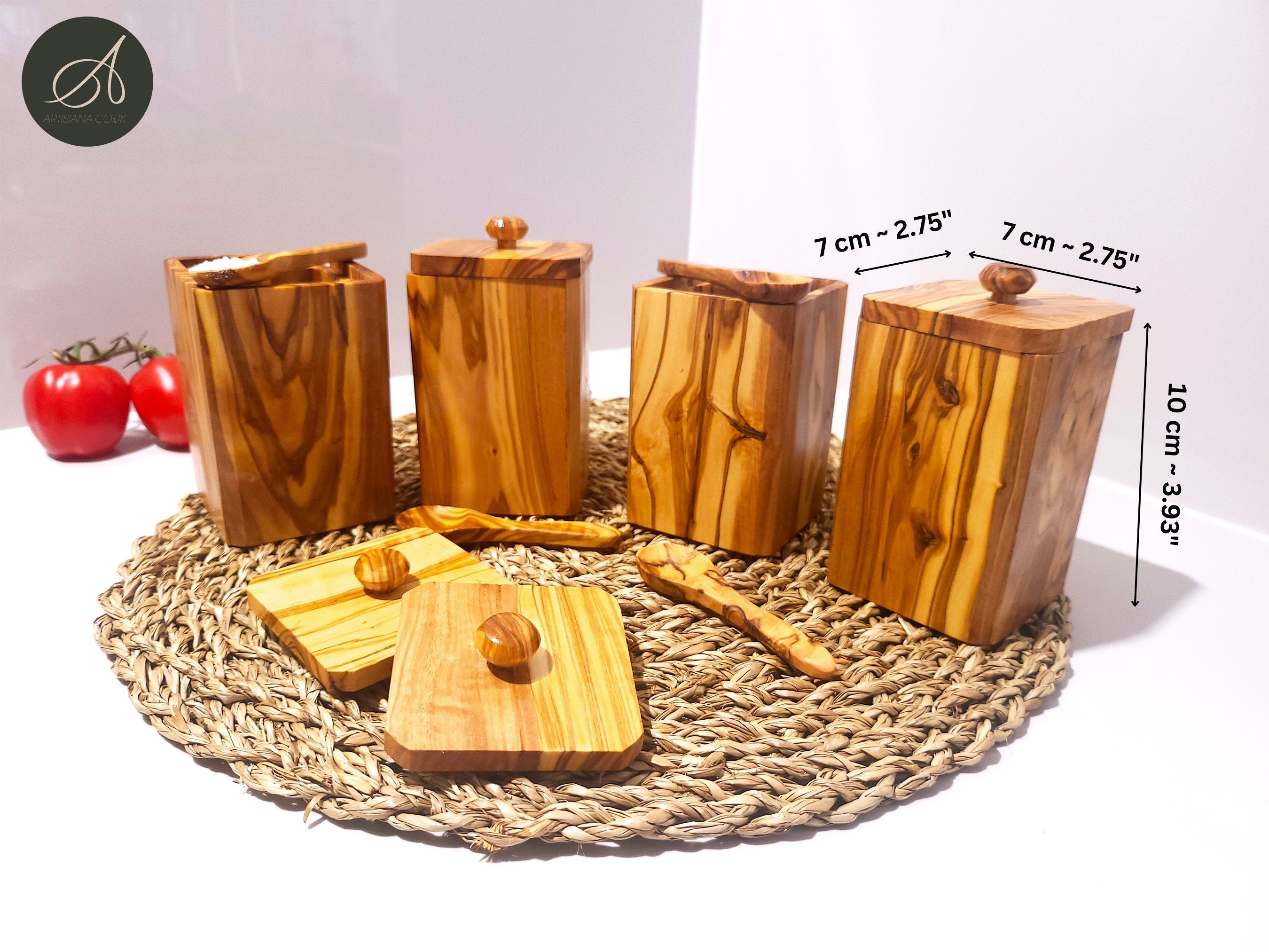 Tea Coffee Sugar Spices Olive Wood Hand Crafted Wooden Jar Container Set of 4 With Lids And Spoons