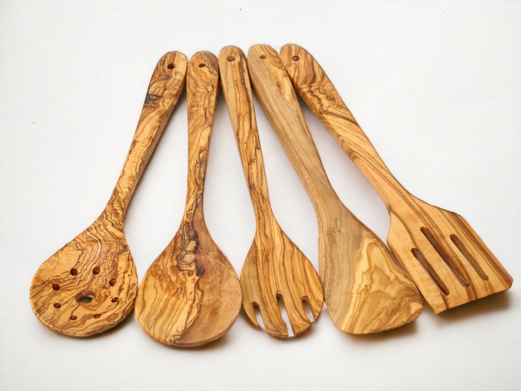 Olive Wood Hanging Cooking Utensils Set 35 cm With Rack