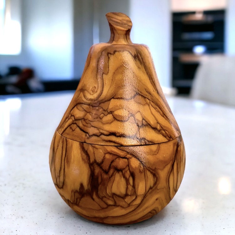 Set of olive wood Apple and pear shaped sugar bowls with spice scoops, spice bowls,   handmade, natural, gift