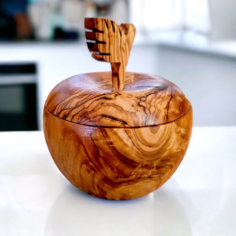 Set of olive wood Apple and pear shaped sugar bowls with spice scoops, spice bowls,   handmade, natural, gift