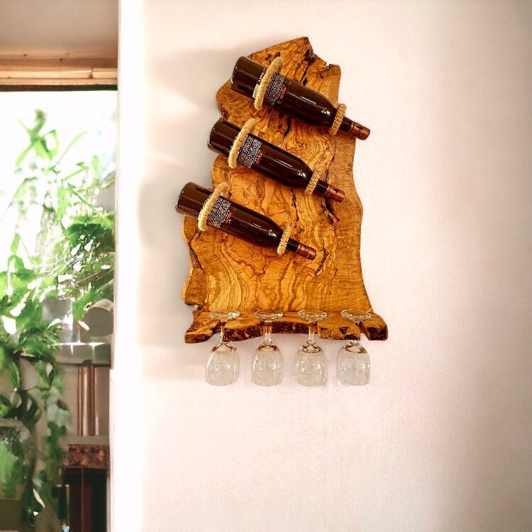 Olive Wood Rustic Shape three Bottles Holder,  wine bottles holder, bar accessories, gift