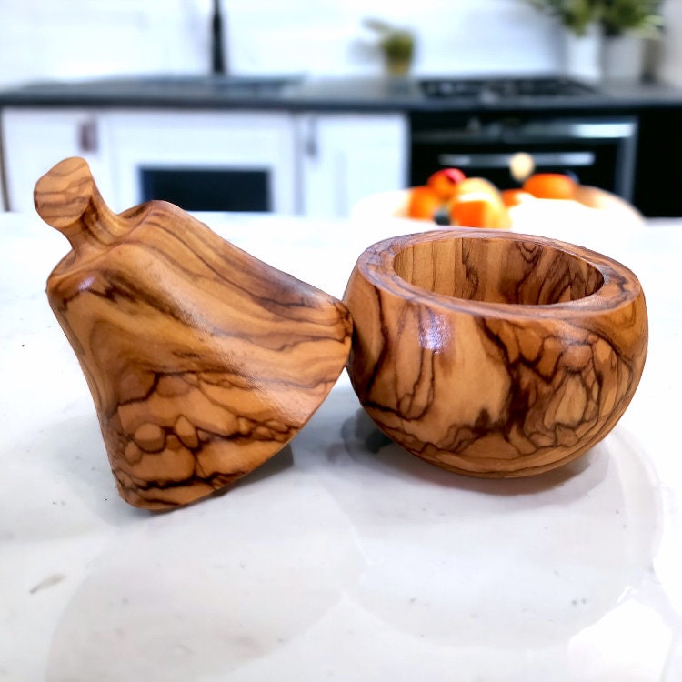 Set of olive wood Apple and pear shaped sugar bowls with spice scoops, spice bowls,   handmade, natural, gift