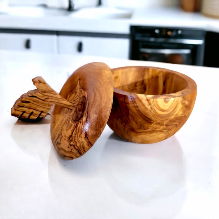 Set of olive wood Apple and pear shaped sugar bowls with spice scoops, spice bowls,   handmade, natural, gift