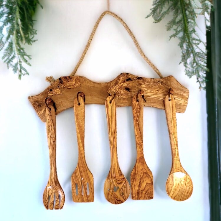 Olive Wood Hanging Cooking Utensils Set 35 cm With Rack