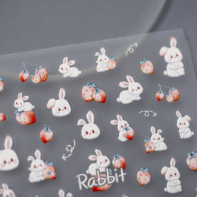 LuLuFun Studio Strawberry and Bunny Nail Art Stickers - 1 Sheet Deco