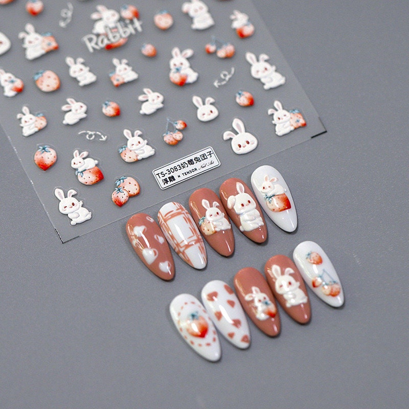 LuLuFun Studio Strawberry and Bunny Nail Art Stickers - 1 Sheet Deco