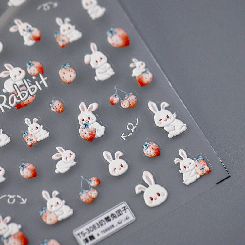 LuLuFun Studio Strawberry and Bunny Nail Art Stickers - 1 Sheet Deco