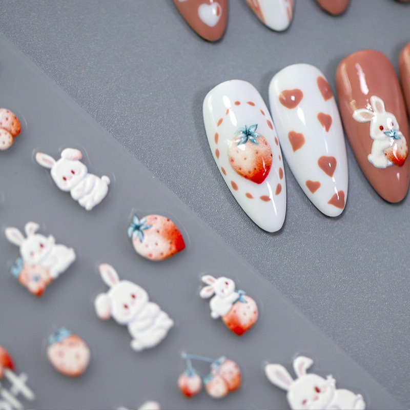 LuLuFun Studio Strawberry and Bunny Nail Art Stickers - 1 Sheet Deco