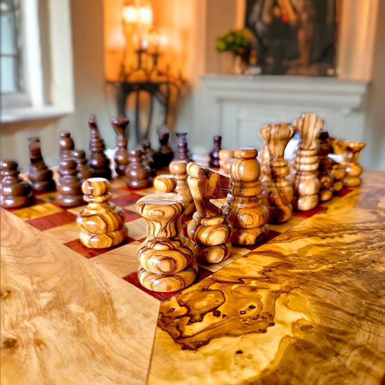 Handcrafted Olive Wood Chess Set | Red or Black Playing Area | Live Edge Board