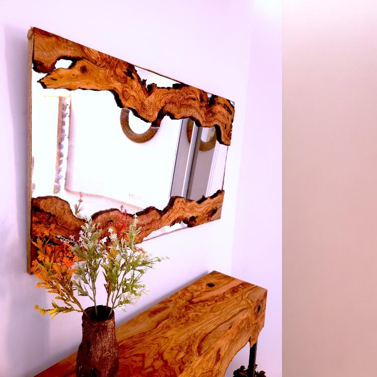 Hand made olive wood mirror and console table set