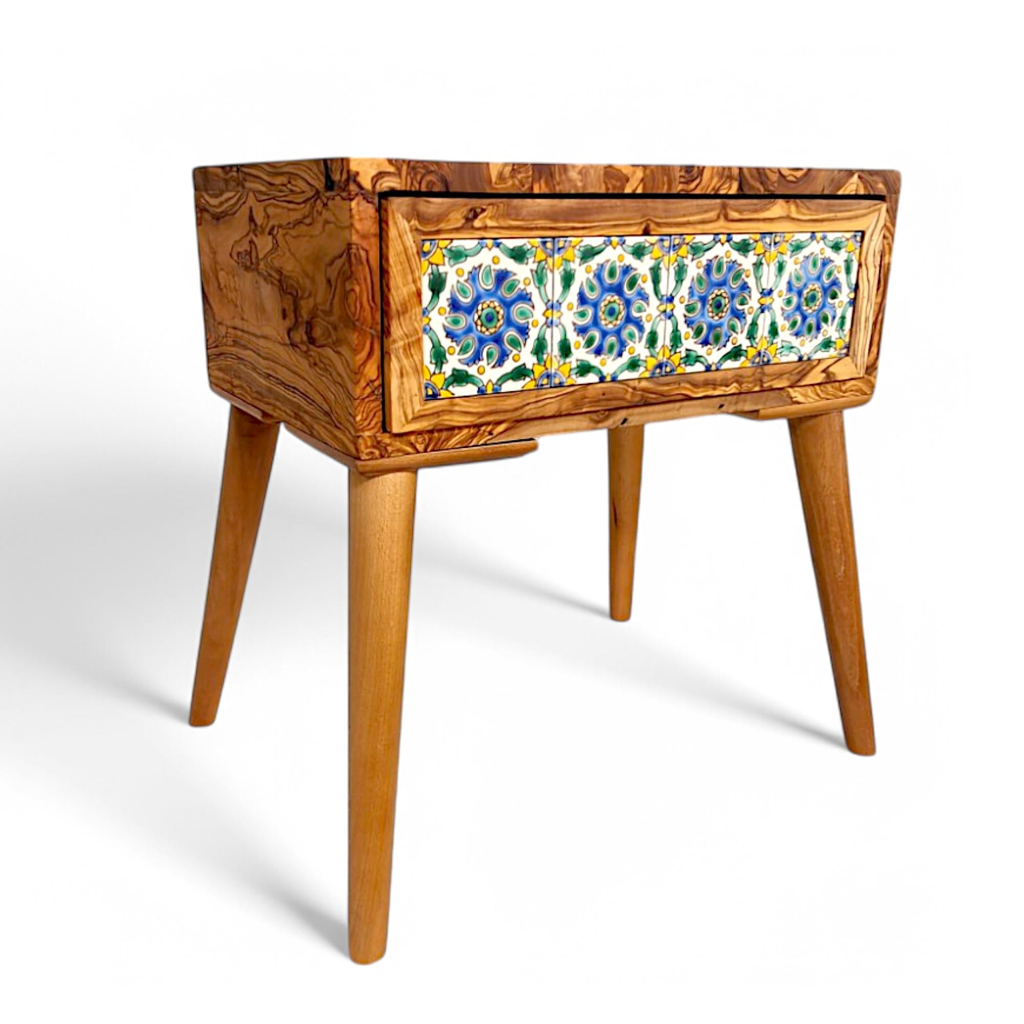 Beautiful Olive Wood -  Bedside Table - Coffee Table with Ceramic Tiles