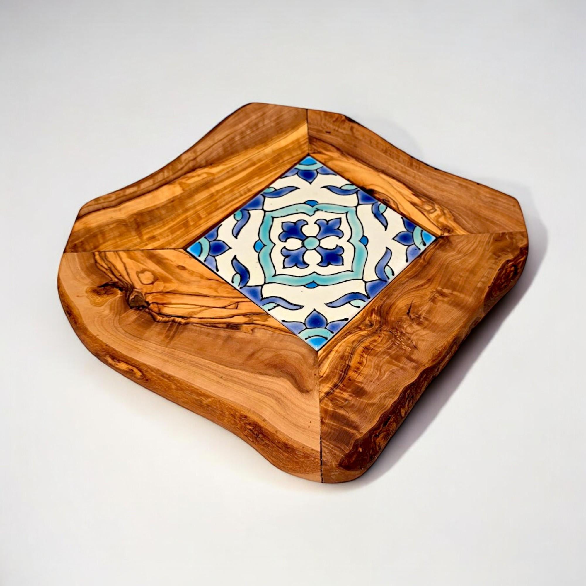 Small Rustic Olive Wood Ceramic Restaurant Serving Tray