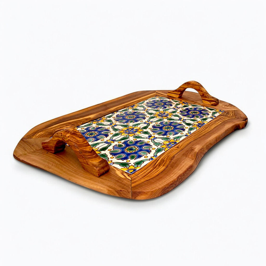 Rustic Olive Wood Ceramic Tray with Handle, serving tray, natural, handmade, gift
